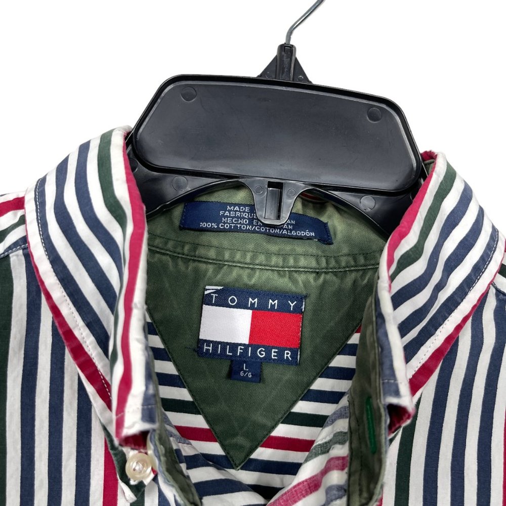 Vintage Tommy Hilfiger Button Down Shirt Mens L Short Sleeve Crest Multi Stripe - Picture 3 of 8